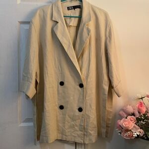 Zara Women's Linen Blend Beige Blazer with Black Buttons